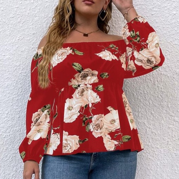 Boho Plus Floral Print Off Shoulder Cottagecore Top - Picture 7 of 9